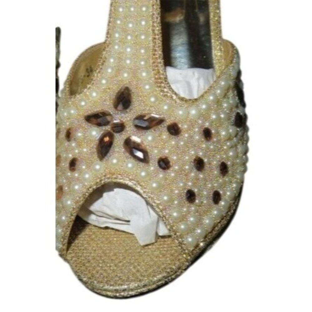 Rhinestone Pearl Embellished Metallic Gold Platform T strap Wedges sz 38 - Picture 2 of 10
